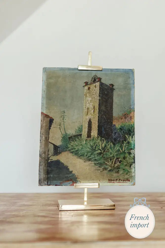 Antique Painting of Large Stone Tower in a Village European Imports - France carry on Sept 2025