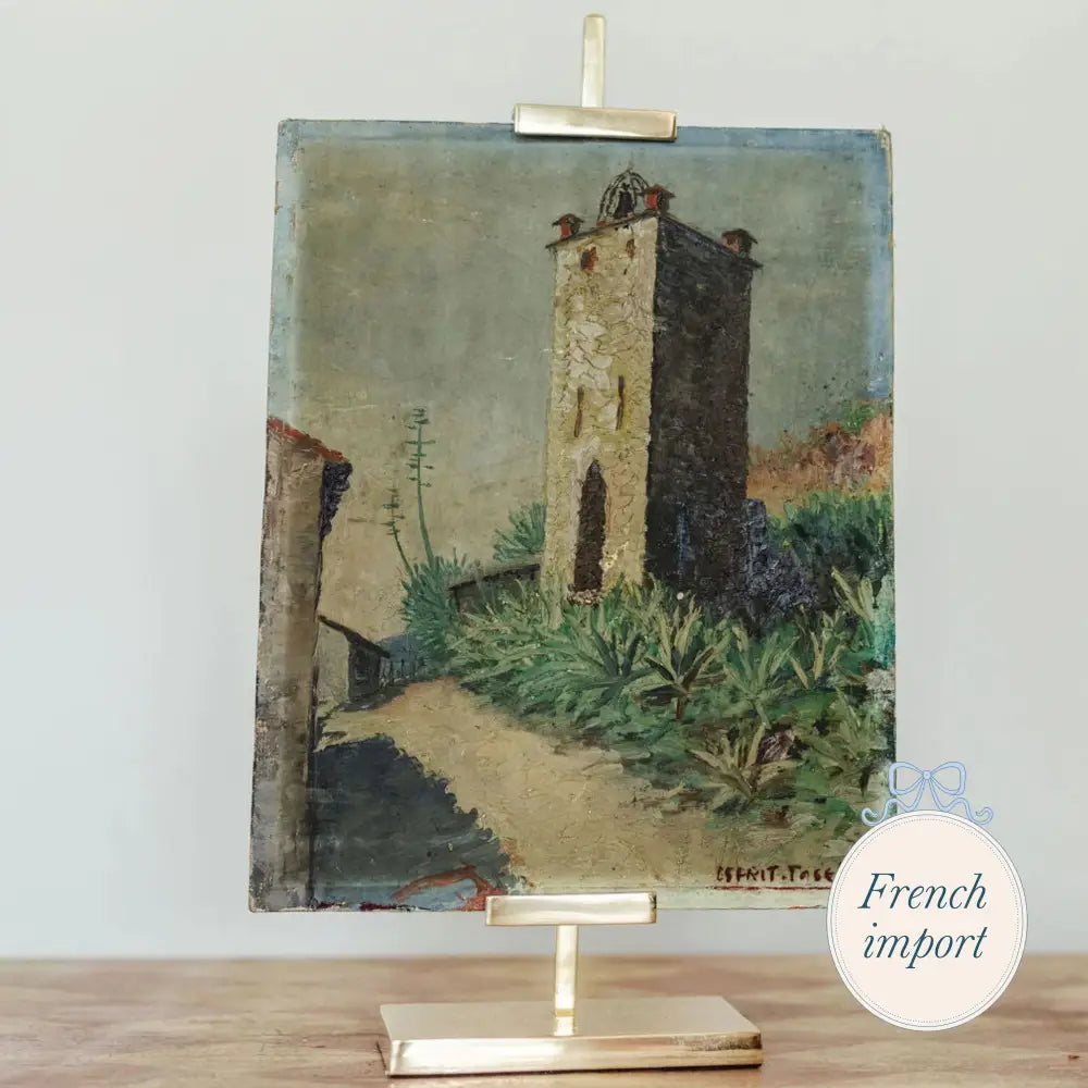 Antique Painting of Large Stone Tower in a Village European Imports - France carry on Sept 2025