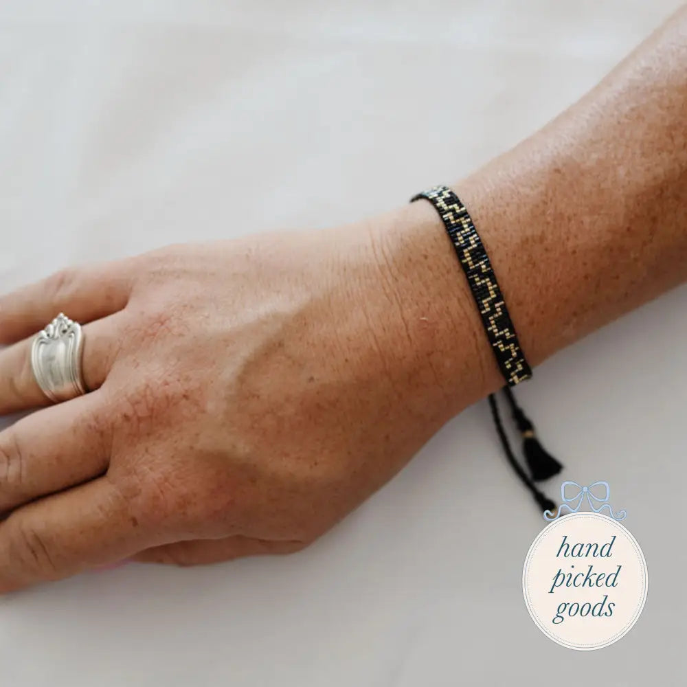 Flat Beaded Black Bracelet with Gold Geometric Pattern Jewelry - Bracelets Earrings and Rings