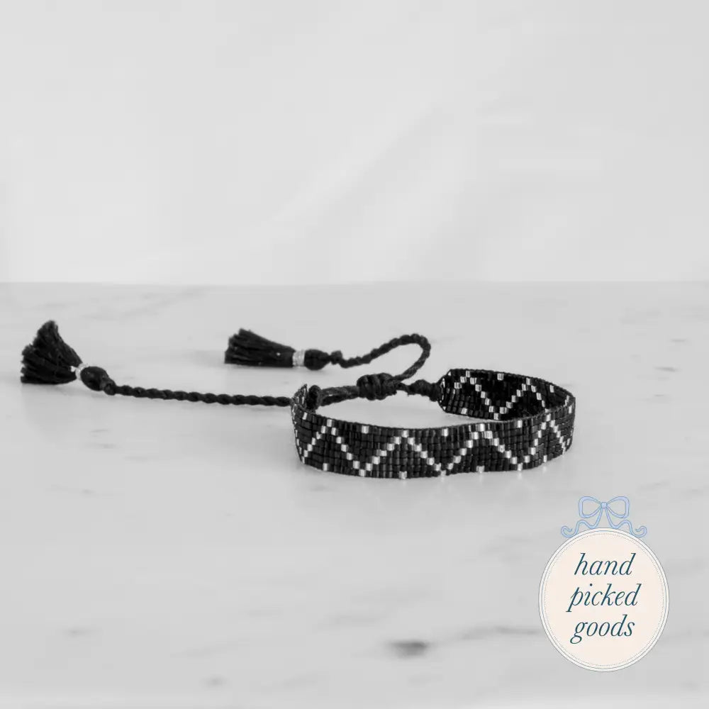 Flat Beaded Black Bracelet with Grey Chevron Jewelry - Bracelets Earrings and Rings