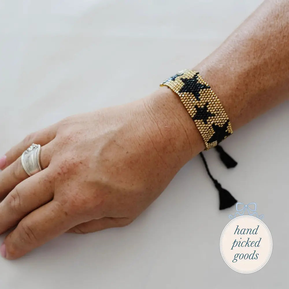 Flat Beaded Gold Bracelet with Black Stars Jewelry - Bracelets Earrings and Rings