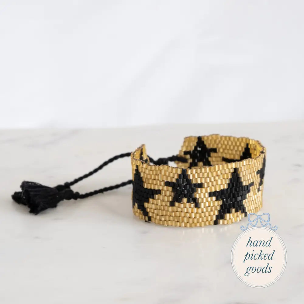 Flat Beaded Gold Bracelet with Black Stars Jewelry - Bracelets Earrings and Rings