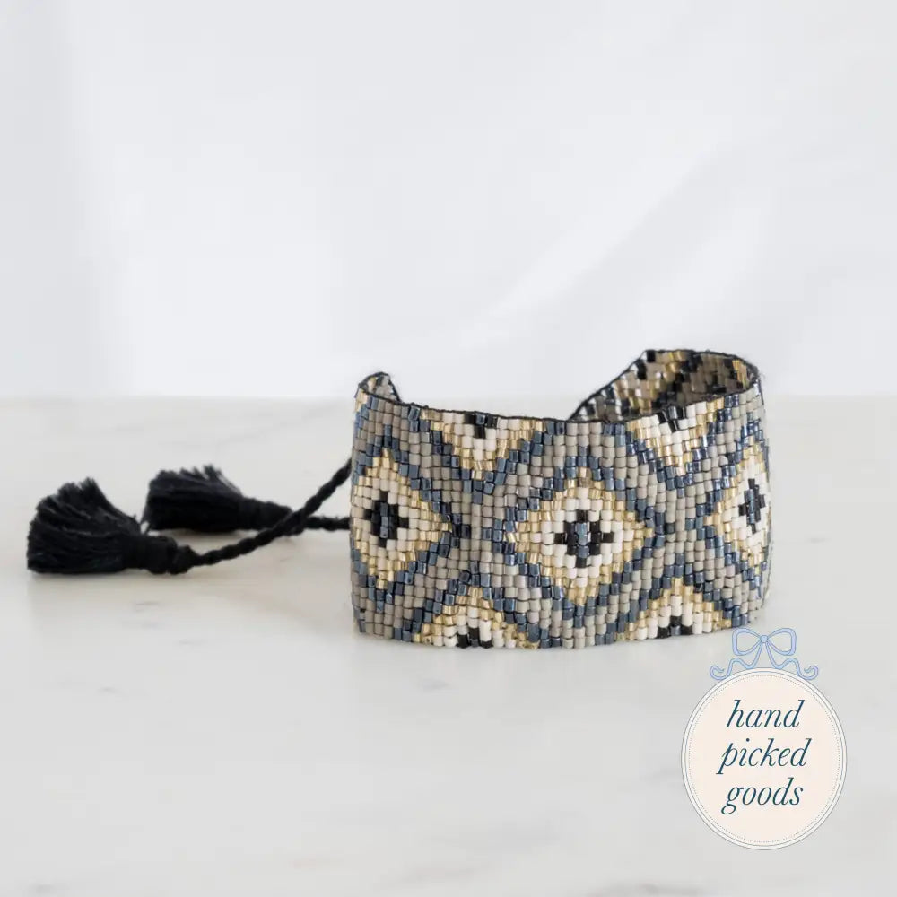 Flat Beaded Grey Bracelet with Black and White Diamonds Jewelry - Bracelets Earrings and Rings