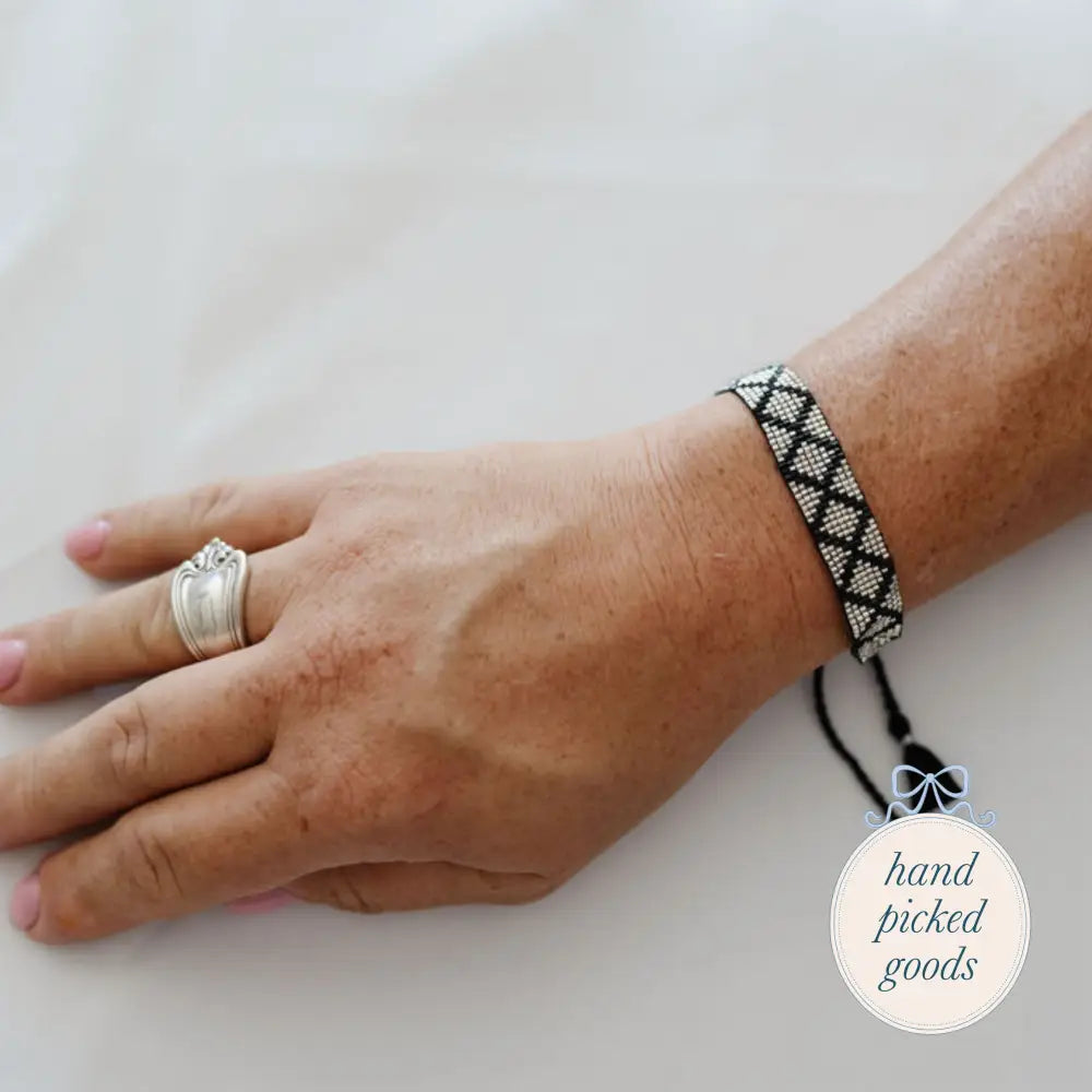 Flat Beaded Silver Bracelet with Black Diamonds Jewelry - Bracelets Earrings and Rings