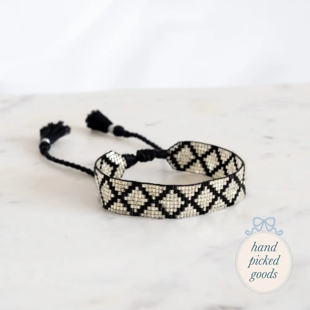 Flat Beaded Silver Bracelet with Black Diamonds Jewelry - Bracelets Earrings and Rings