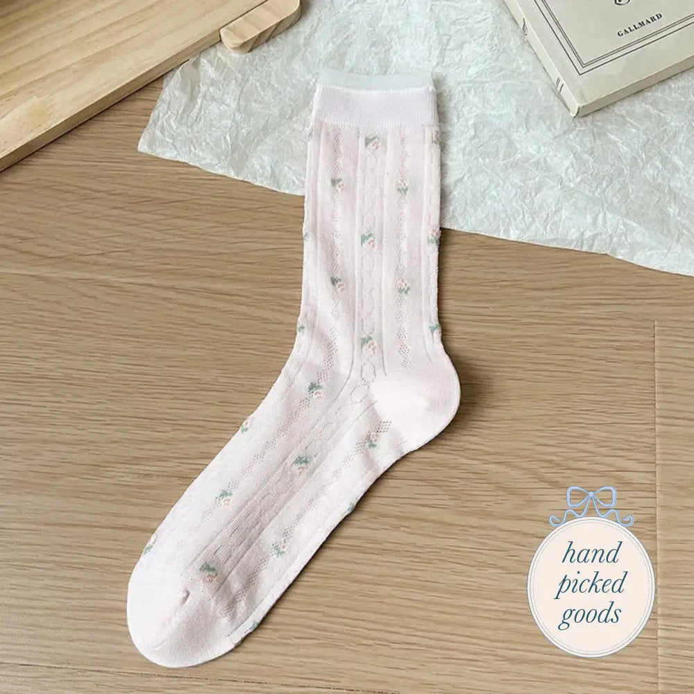 Floral Mesh Mid-Calf Socks - Pink - Femme - Accessories