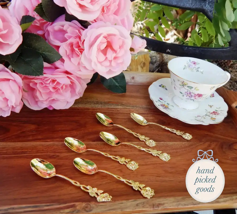 Gold Plated Spoon with Rose Handle Kitchen