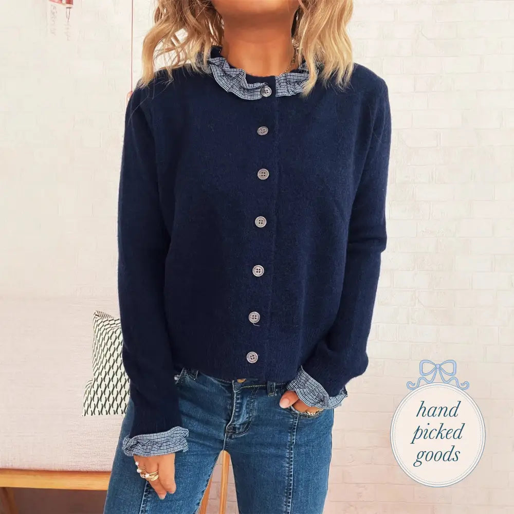 Lace Trim Button-Up Cardigan Navy Blue / S Femme - Clothing