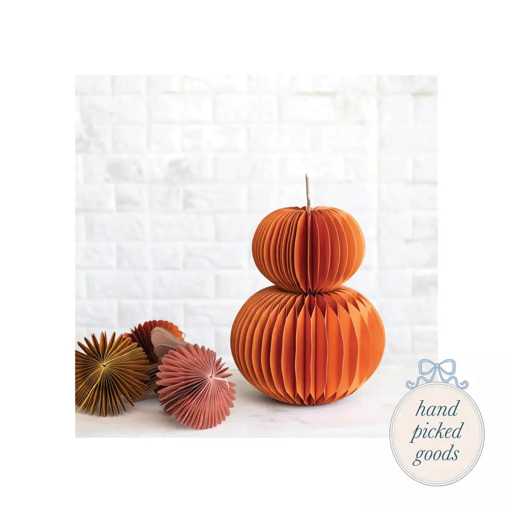 Recycled Paper Folding Honeycomb Pumpkin with Dried Natural Twig Stem - Seasonal - Halloween& - fall
