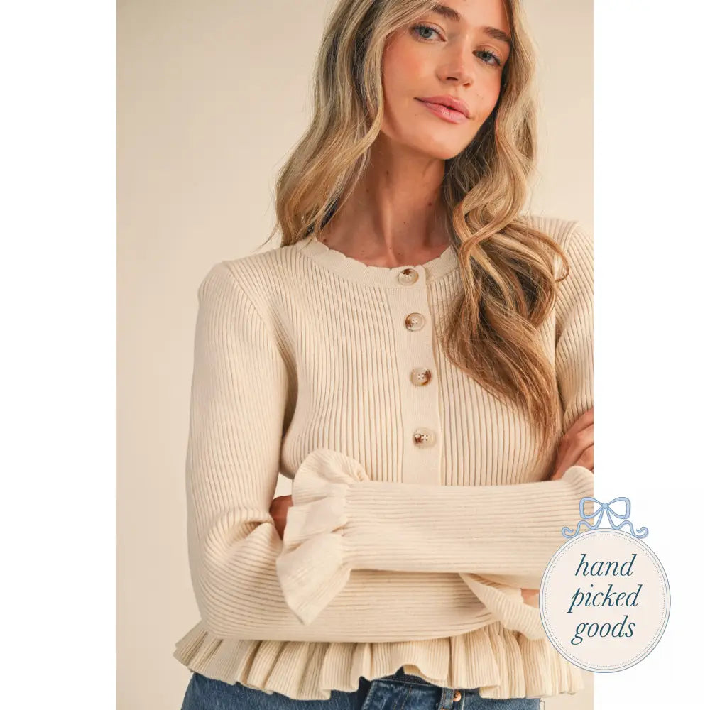 Ruffle Hem Ribbed Knit Cardigan Egg Shell / S Femme - Clothing