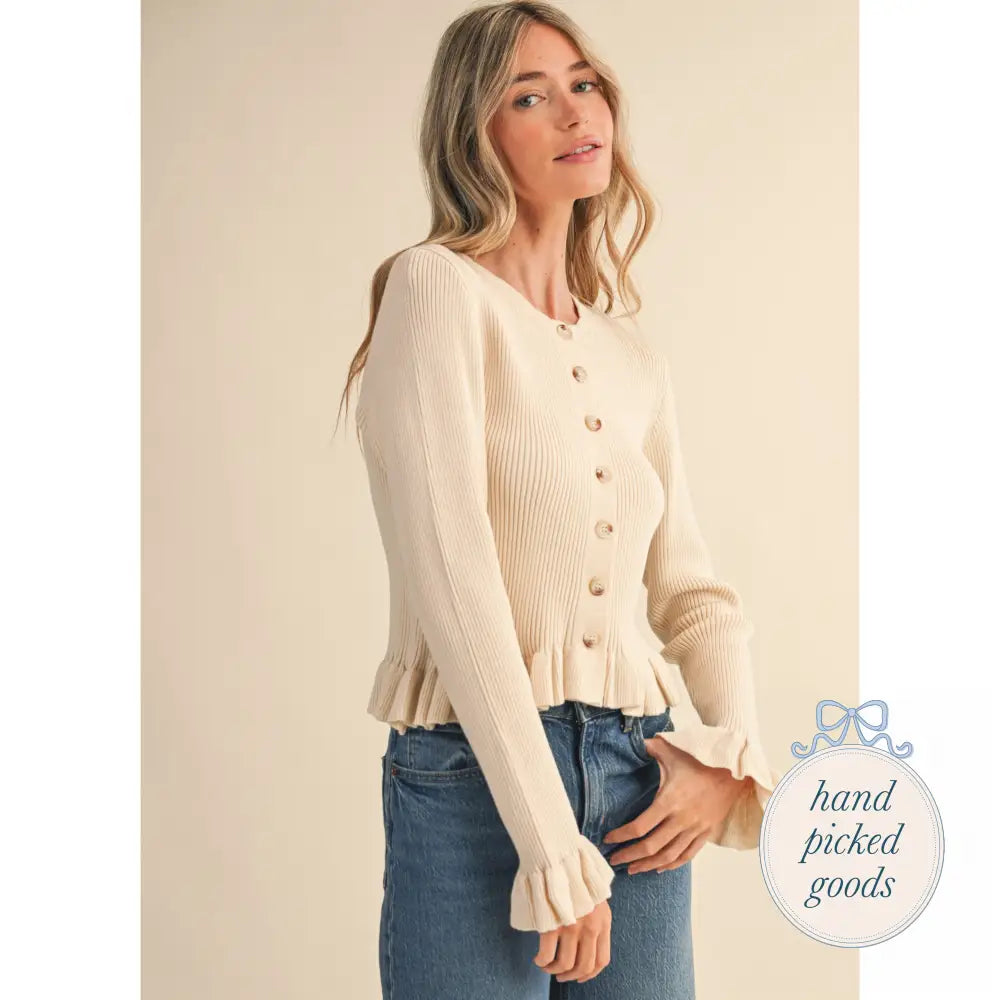 Ruffle Hem Ribbed Knit Cardigan Femme - Clothing
