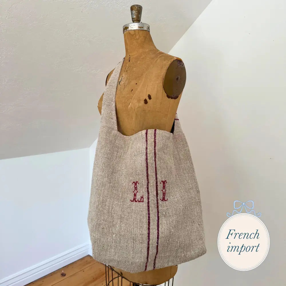 Sac Basique Linen Bag Antique Textile with L & I Embroidery European Imports - No container - France carry on fall 2024