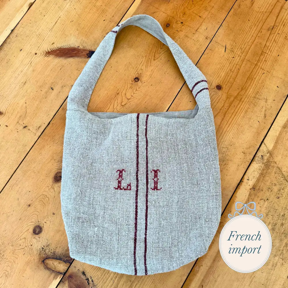 Sac Basique Linen Bag Antique Textile with L & I Embroidery European Imports - No container - France carry on fall 2024