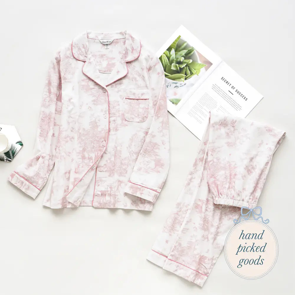 Soft Pink Toile Print Loungewear Summer Cozy Homewear Femme - Clothing