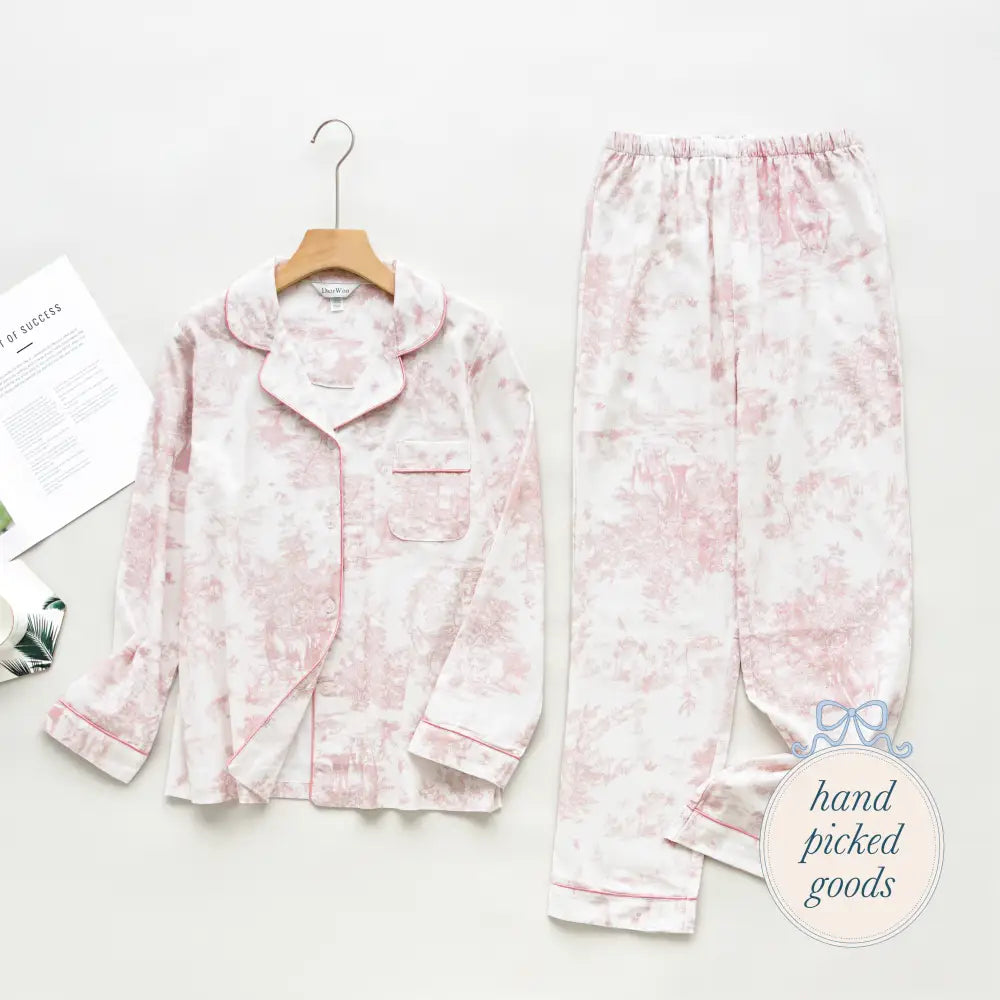 Soft Pink Toile Print Loungewear Summer Cozy Homewear S Femme - Clothing